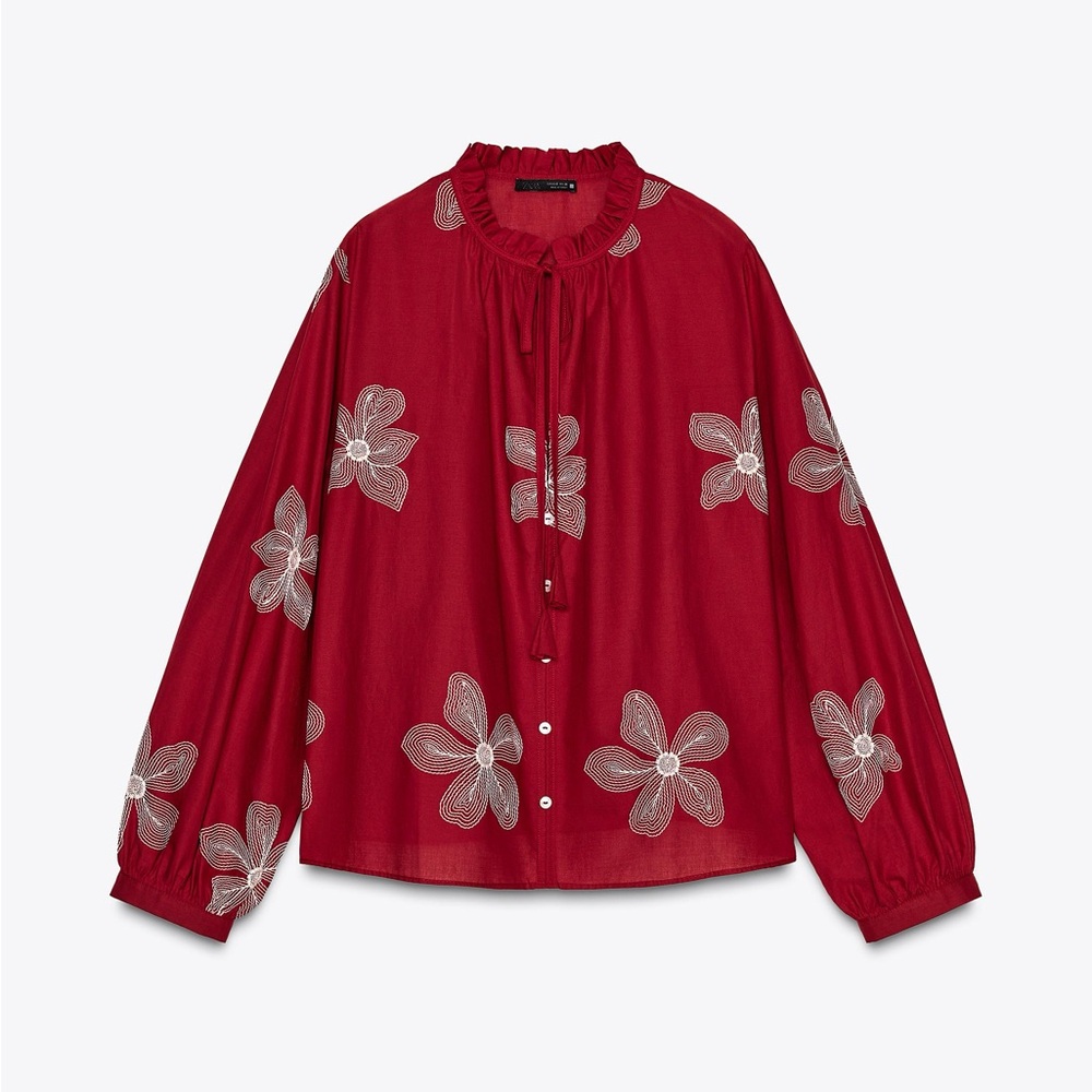 Zara Raspberry Embroidered Tie-Neck Balloon Sleeve Blouse